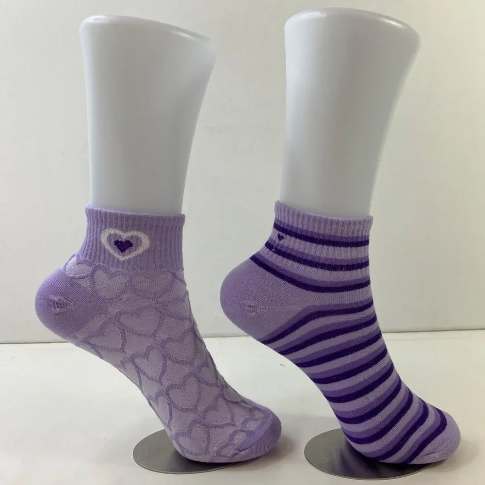 Womens Purple Heart & Striped Ankle Socks Set Of 2 Adorably Whimsical